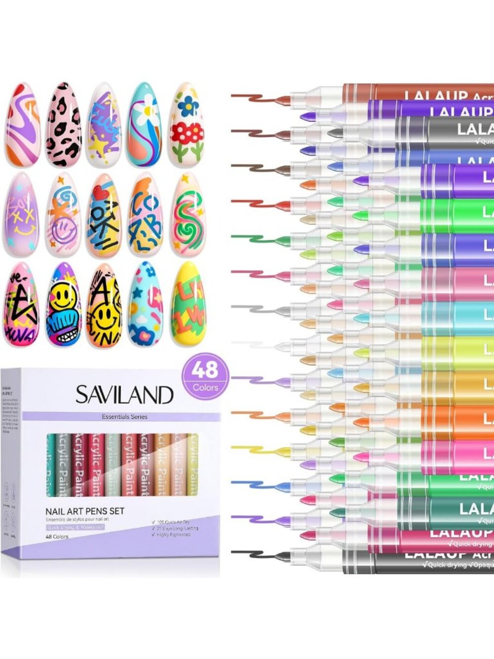 48 Colors Nail Art Pens Set - 0.7mm Fine Tip Nail Polish Markers for DIY